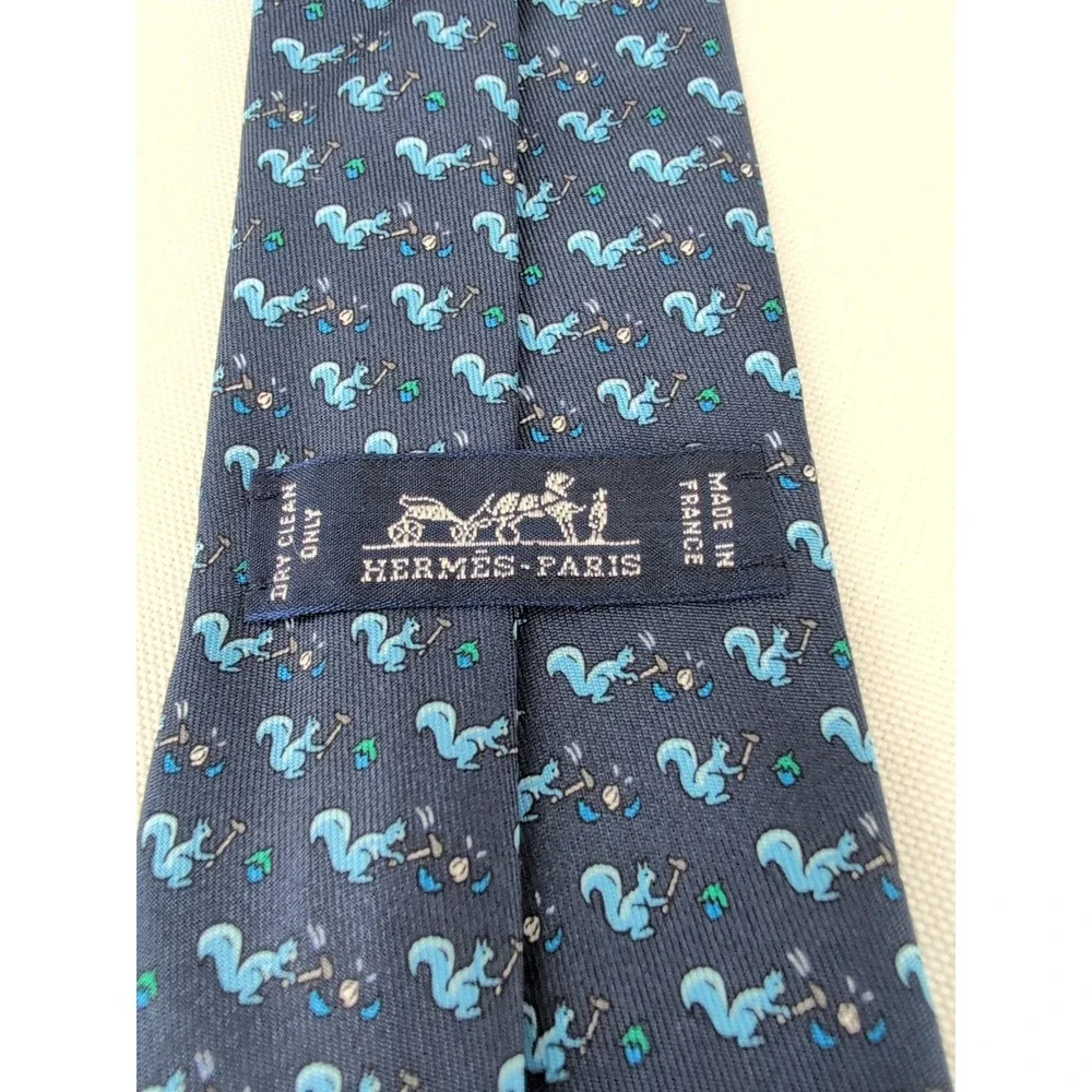 Hermes Silk Necktie Navy Blue Squirrel Cracking Nut Animal Print Made in France